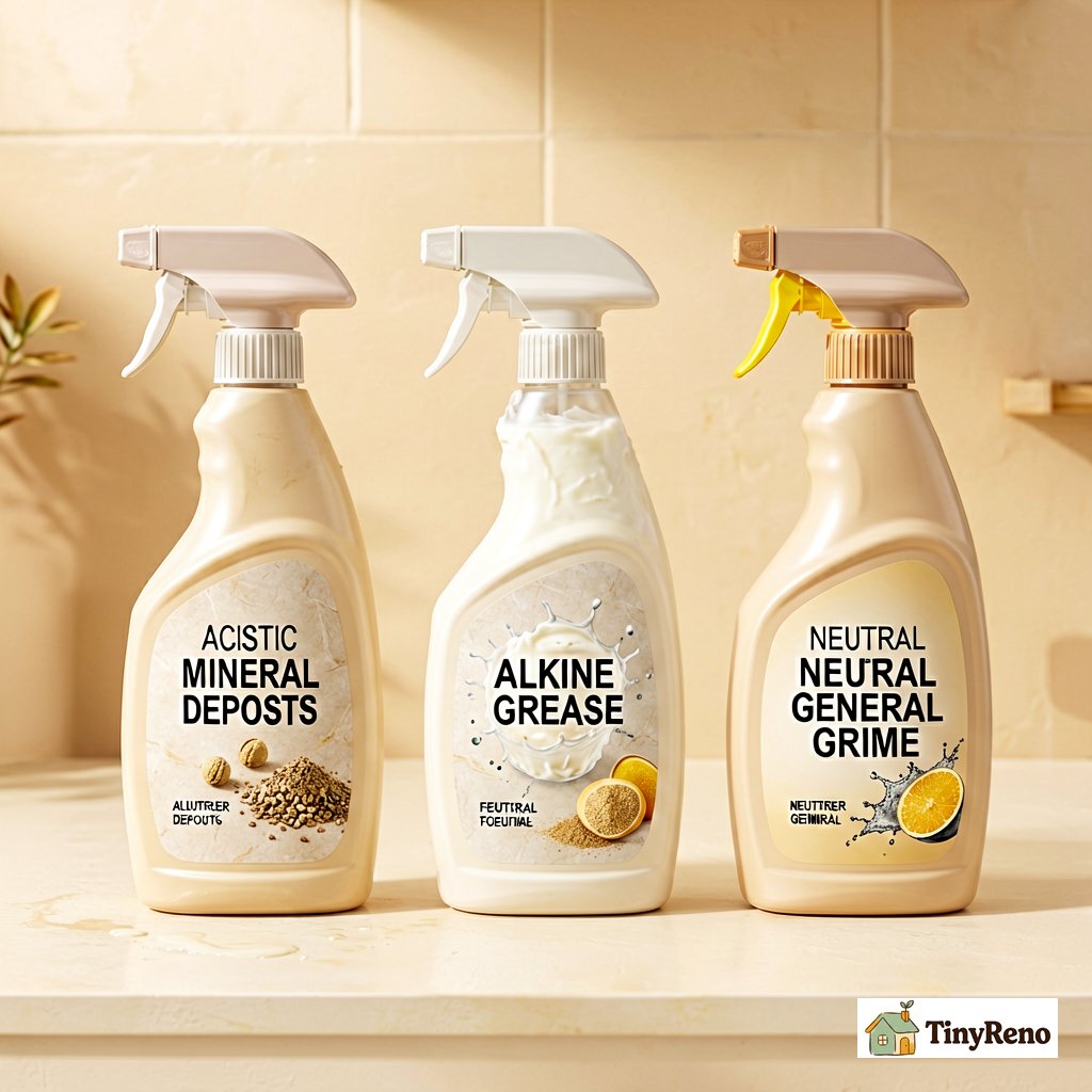 Three pro tile cleaner chemistry categories laid out: acidic for mineral deposits, alkaline for grease, neutral for general grime