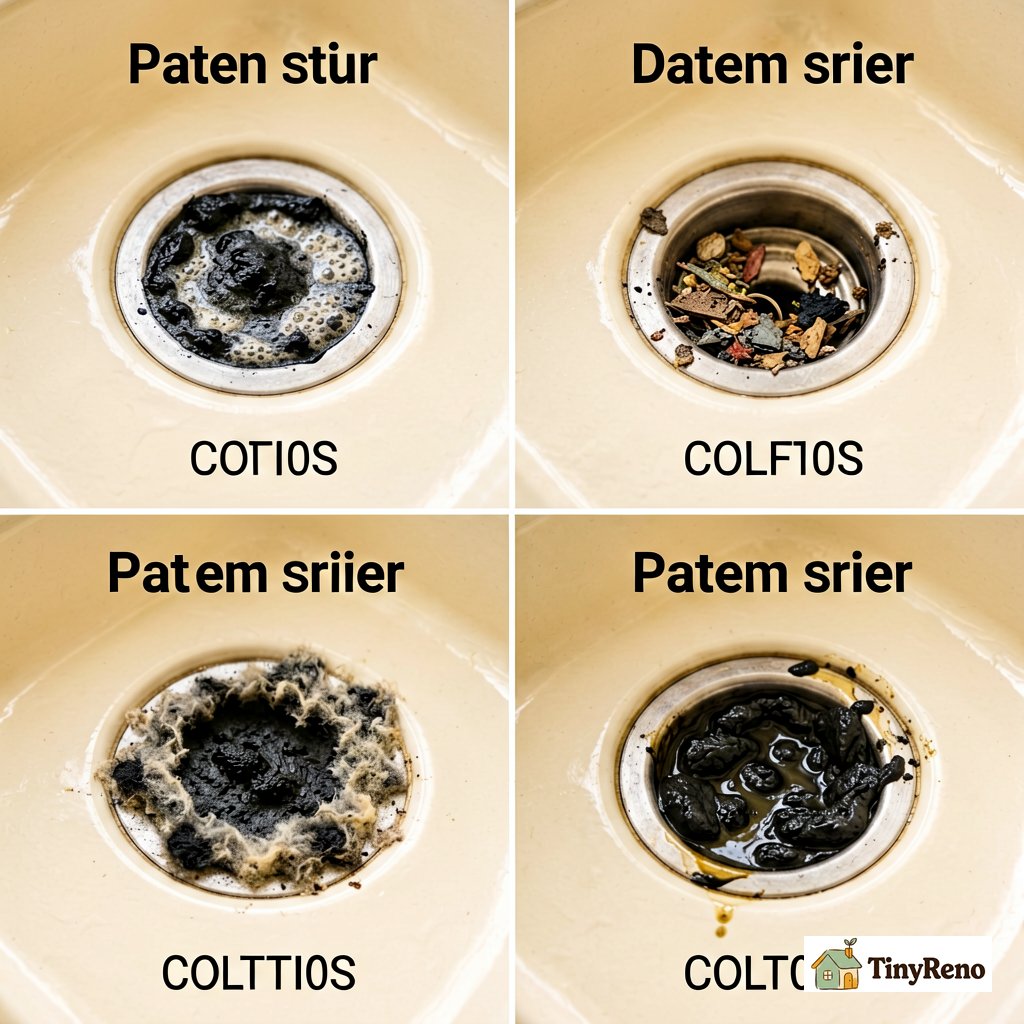 Four labeled diagnostic options for black sludge in sink: biofilm, pipe debris, drain mold, and sewage backup, each with distinct smell and appearance