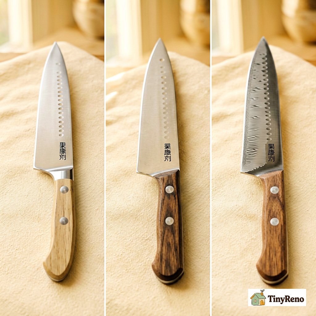 Three price tiers of curved-blade steak knives laid out side by side: cheap stamped set, mid-tier forged set, and heirloom high-carbon set