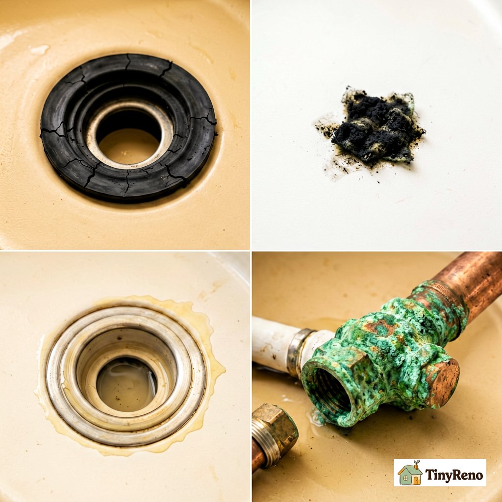 Four labeled diagnostic options for sink ring stains: rubber gasket decomposition, mold in overflow channel, slow leak under cabinet, and hard water copper reaction