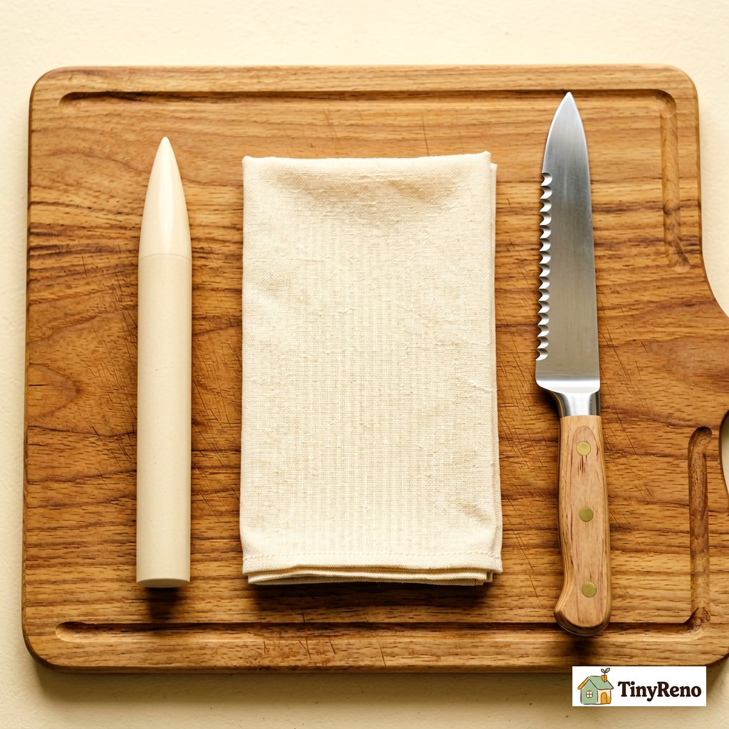 Sharpening kit for serrated knives: tapered ceramic rod, clean cloth, and a serrated bread knife laid out on a wood cutting board
