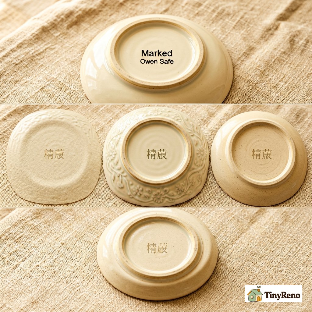 Three categories of ceramic dish bottoms compared: marked oven-safe, decorative unmarked, and suspect unmarked