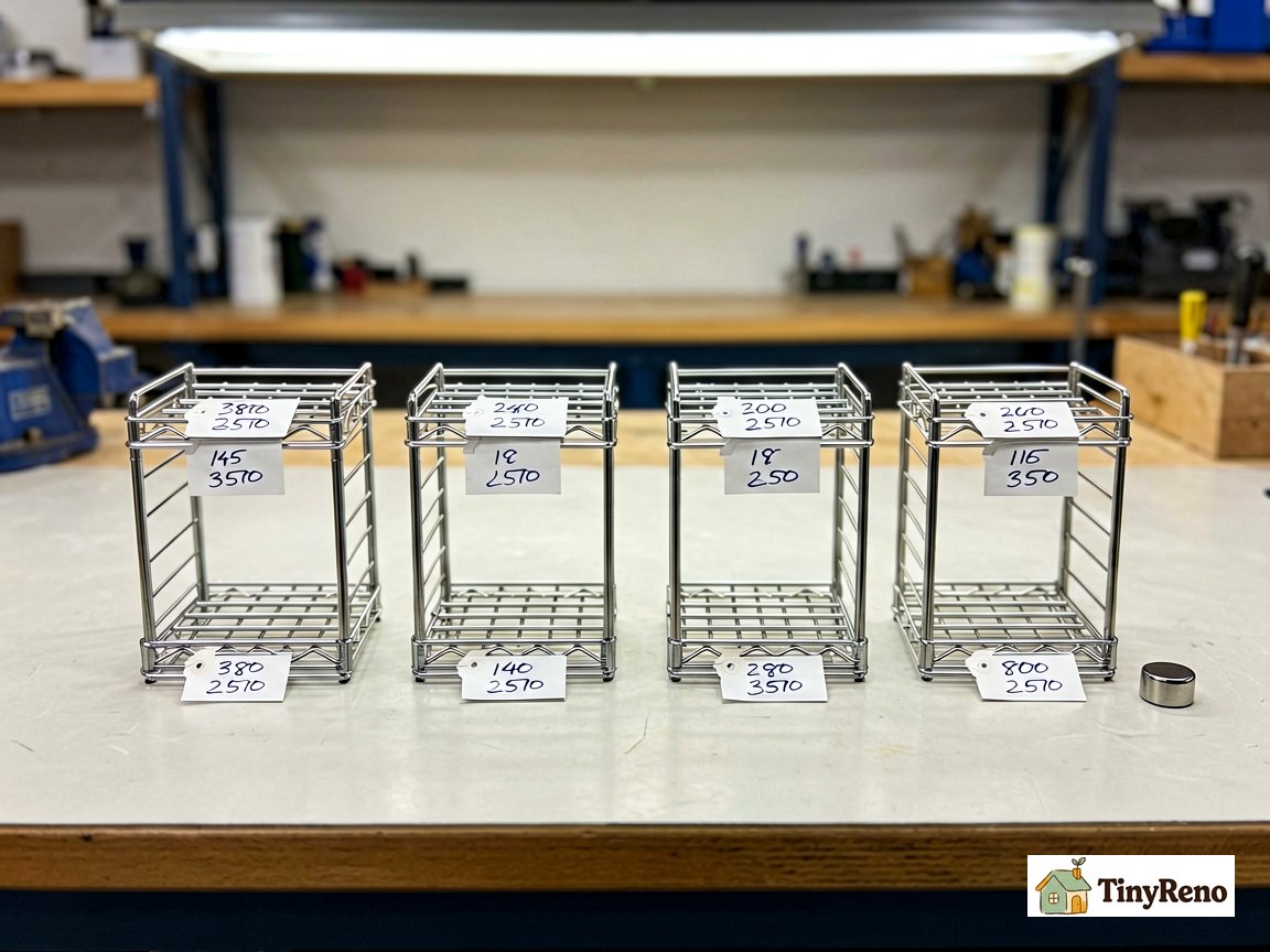 Four stainless steel wire shelf samples on a workbench with a neodymium magnet