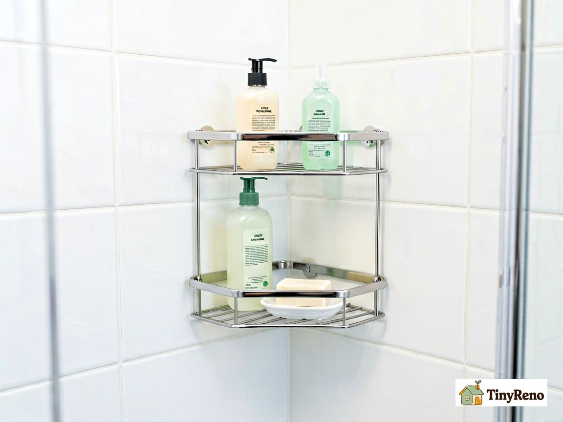 Wire corner shelf inside a shower holding shampoo bottles