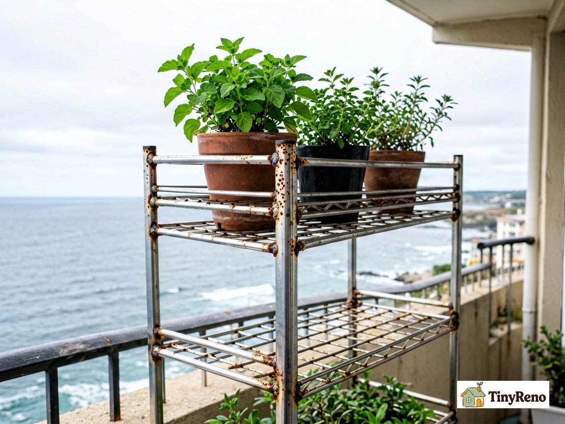 Stainless steel wire shelf on coastal balcony with rust pitting
