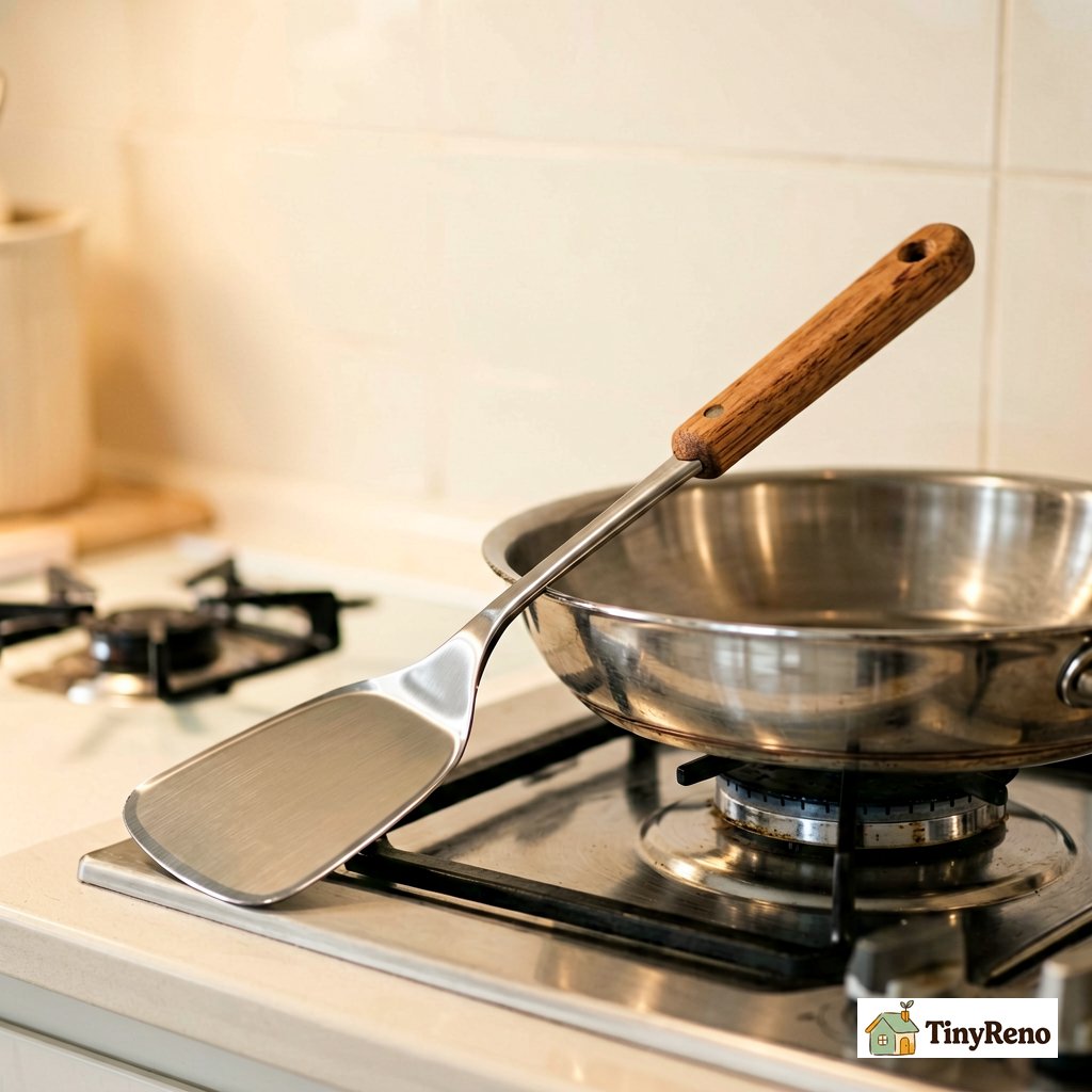 The most important utensil: a thin stainless steel fish spatula with a wooden handle