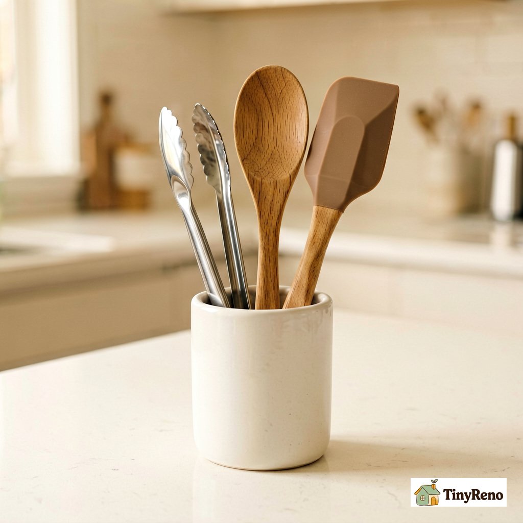 A small set of durable kitchen utensils: stainless steel, wood, and silicone in a ceramic holder