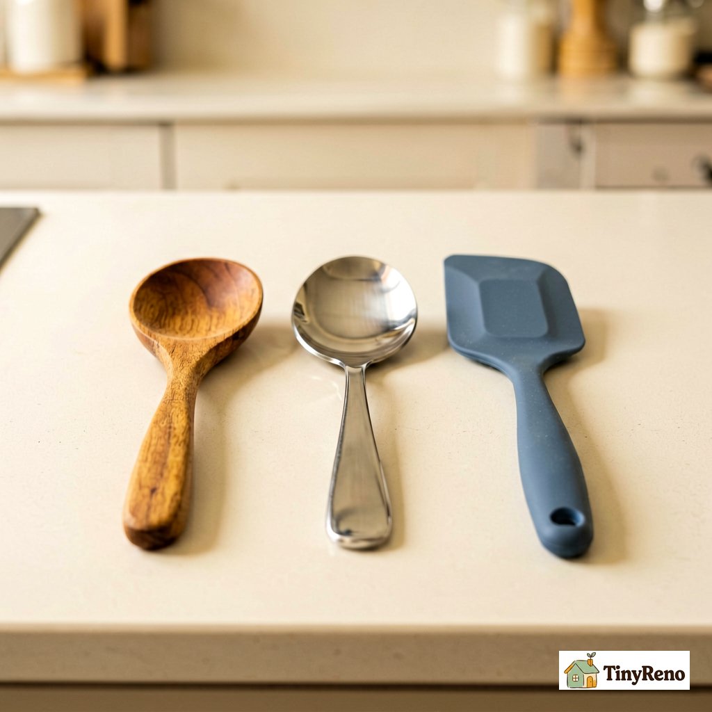 Comparing three utensil materials: olive wood, stainless steel, and silicone side by side