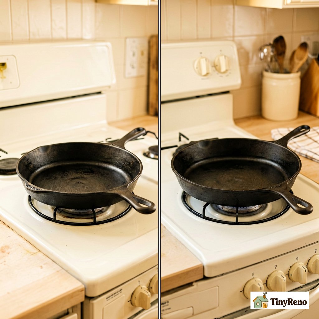 Side-by-side size comparison of a 20 cm cast iron pan next to a 12 inch cast iron skillet on a renter stove burner