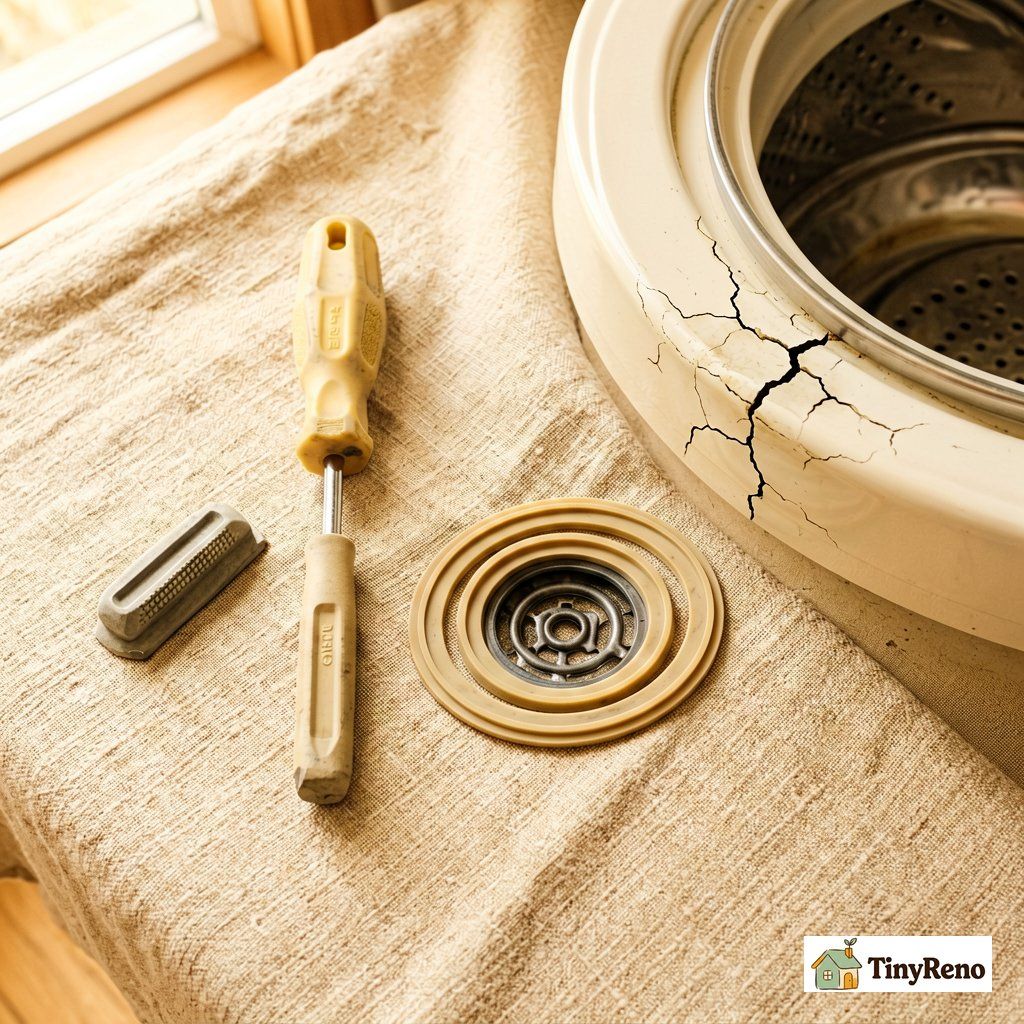 Flathead screwdriver and new rubber drain gasket laid out next to an old cracked washer that caused the black ring in the sink