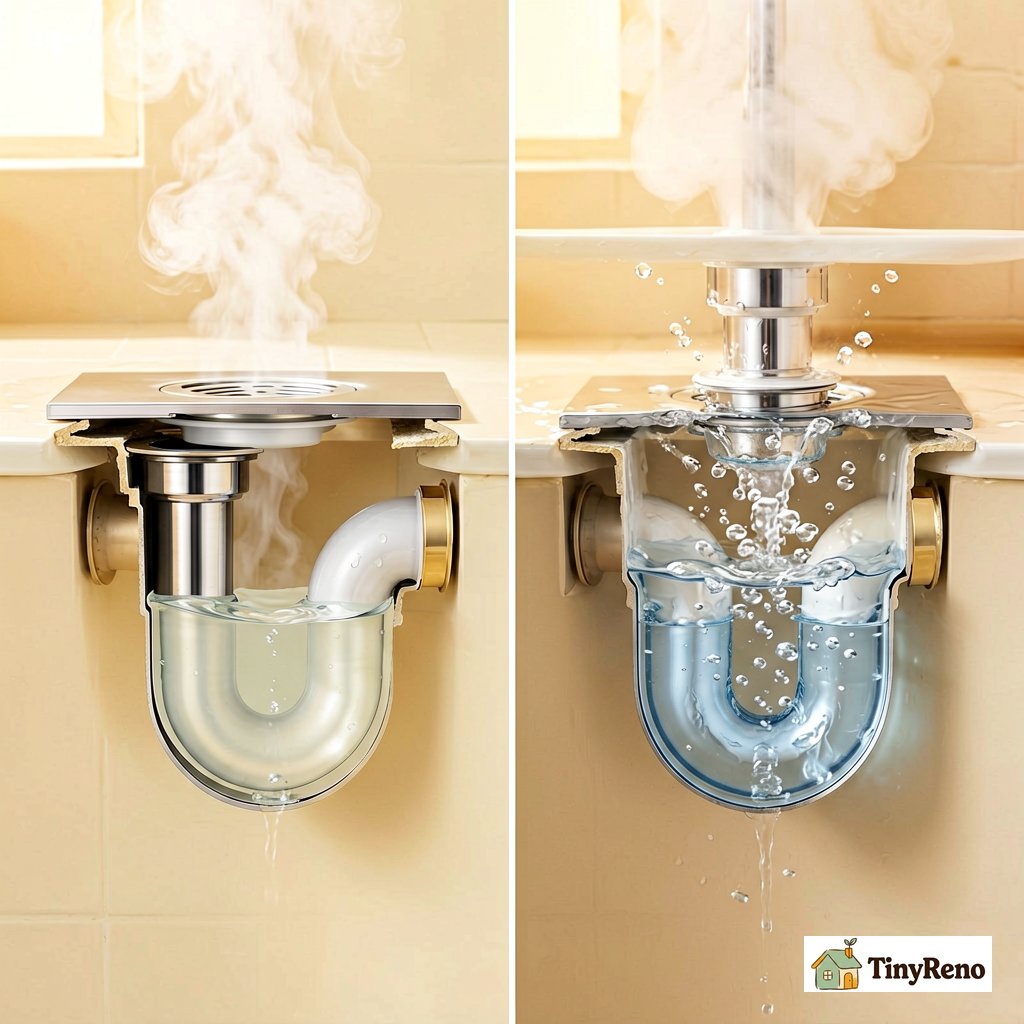 Shower drain diagnostic comparison: dry P-trap with no water seal versus filled P-trap with water blocking sewer gases, side by side diagram