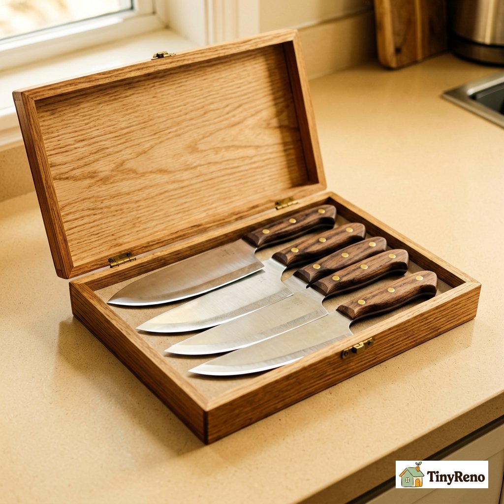 Wooden presentation box containing six curved-blade steak knives with darkened wood handles, open on a warm beige kitchen counter