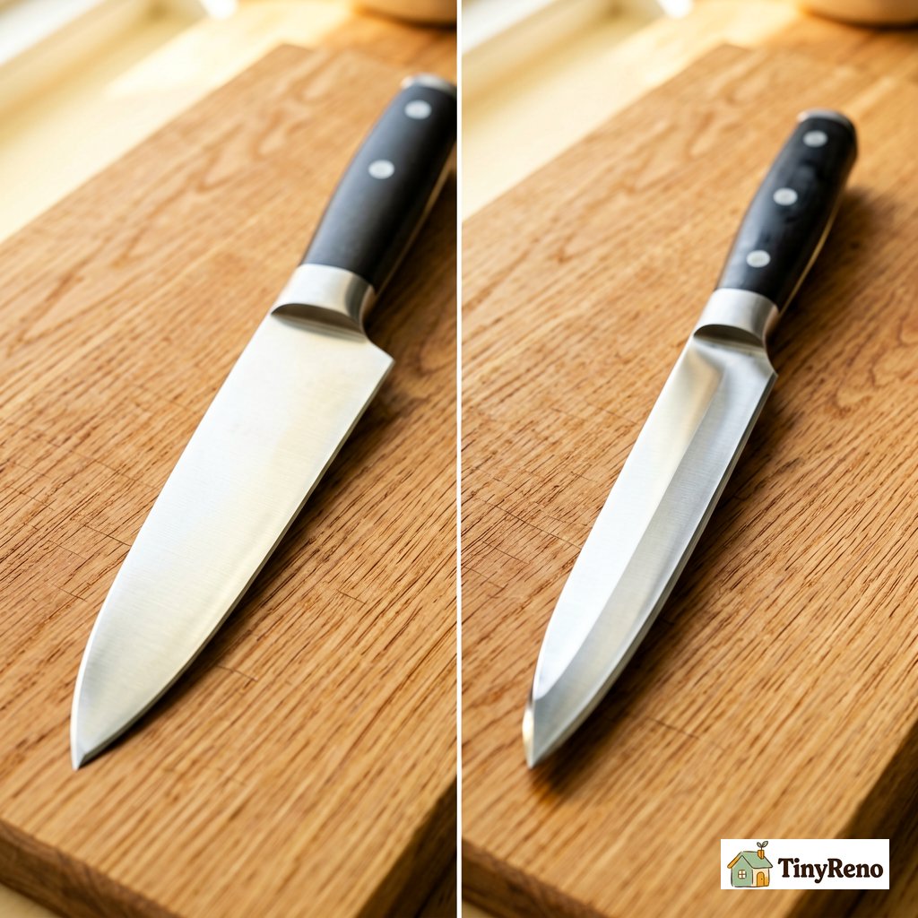 Side-by-side comparison of a stiff boning knife and a flexible fillet knife showing the difference in blade flex on a wood cutting board