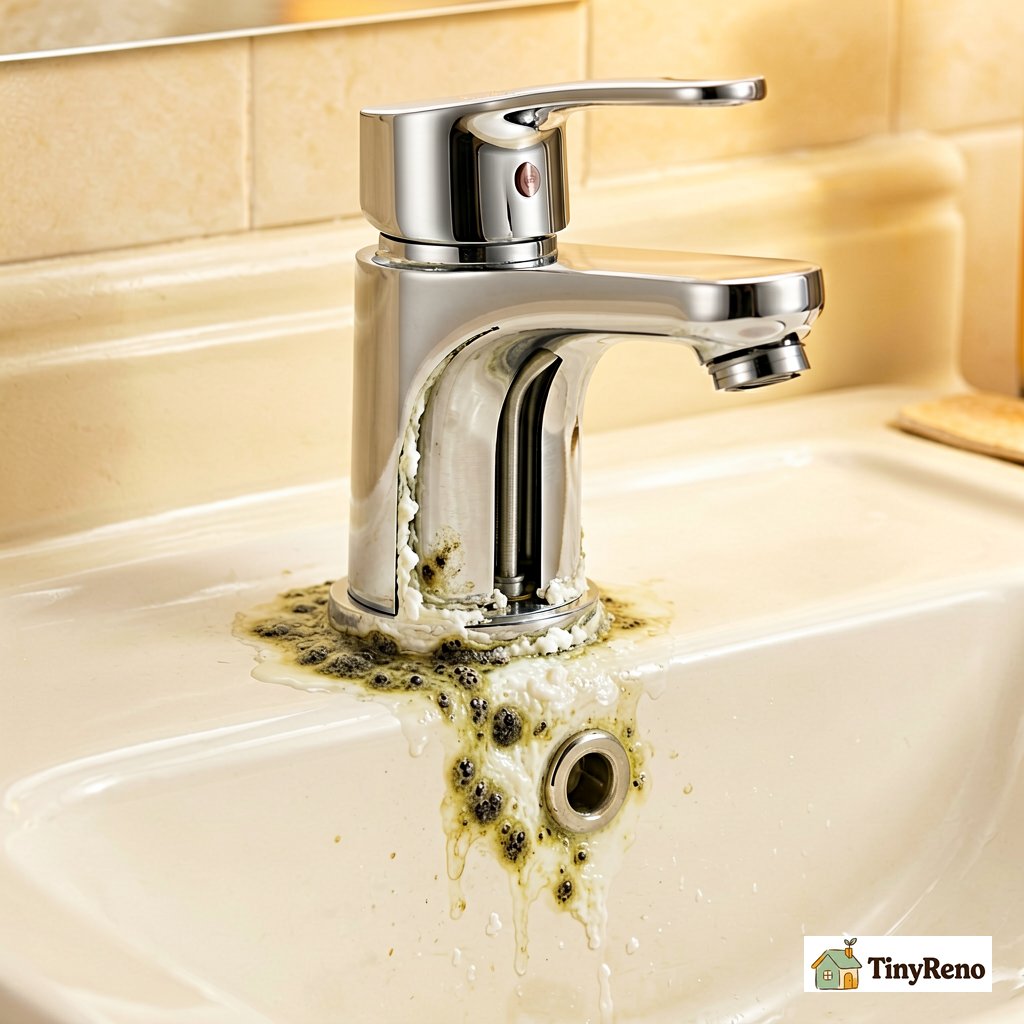 Cross-section diagram of a bathroom faucet base showing the caulk seam where mold grows between the metal base and porcelain sink
