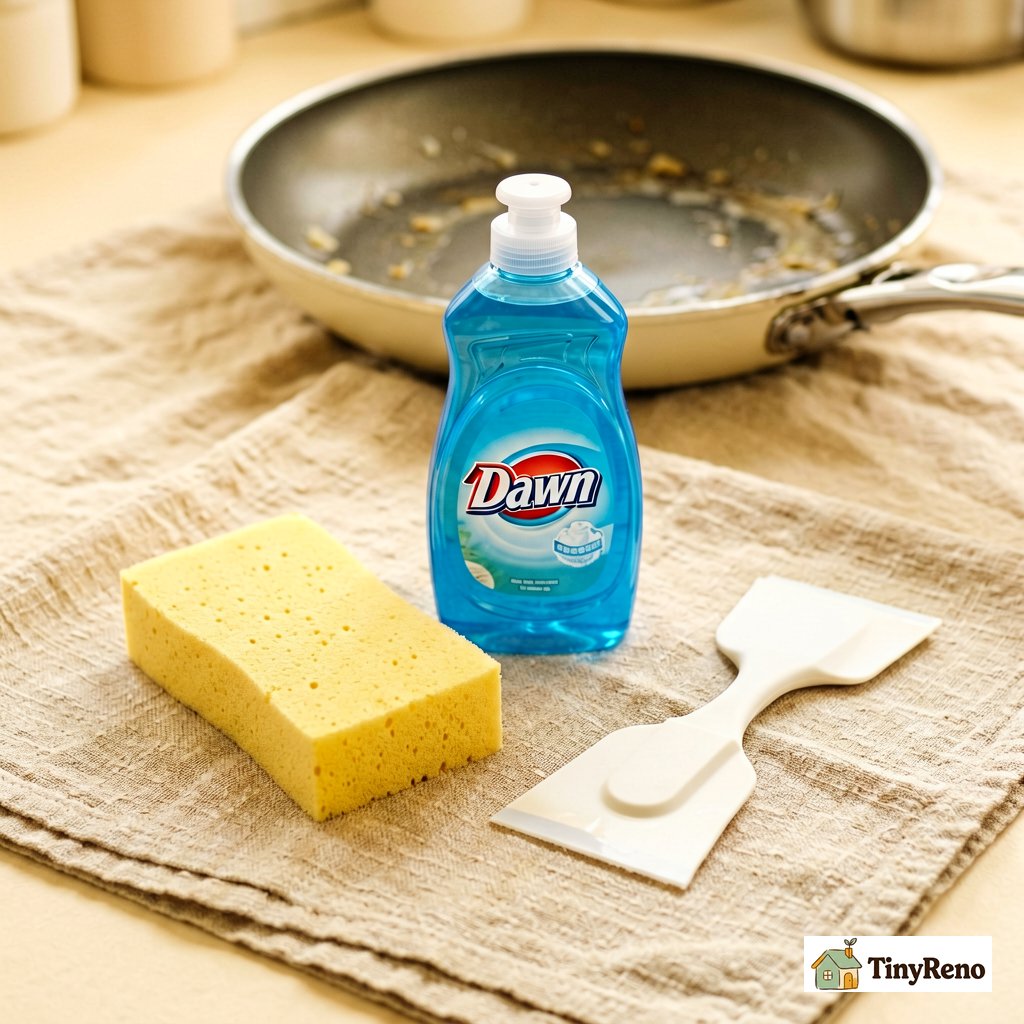 Three cleaning tools laid out for non stick pan care: smooth soft sponge, dish soap bottle, silicone scraper, with a used pan in the background