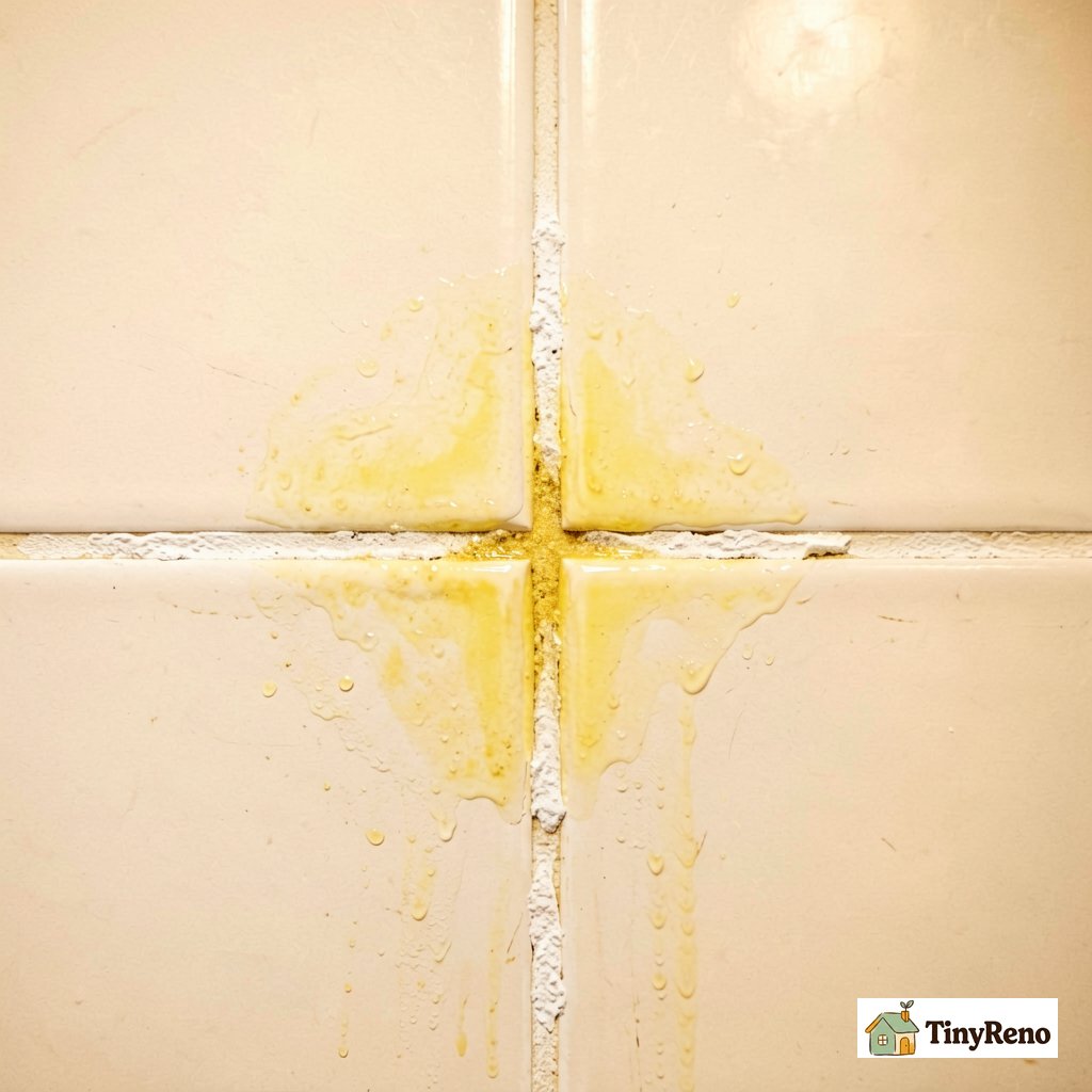 Close-up of white grout on white tile showing yellow discoloration from years of body oil and soap residue buildup