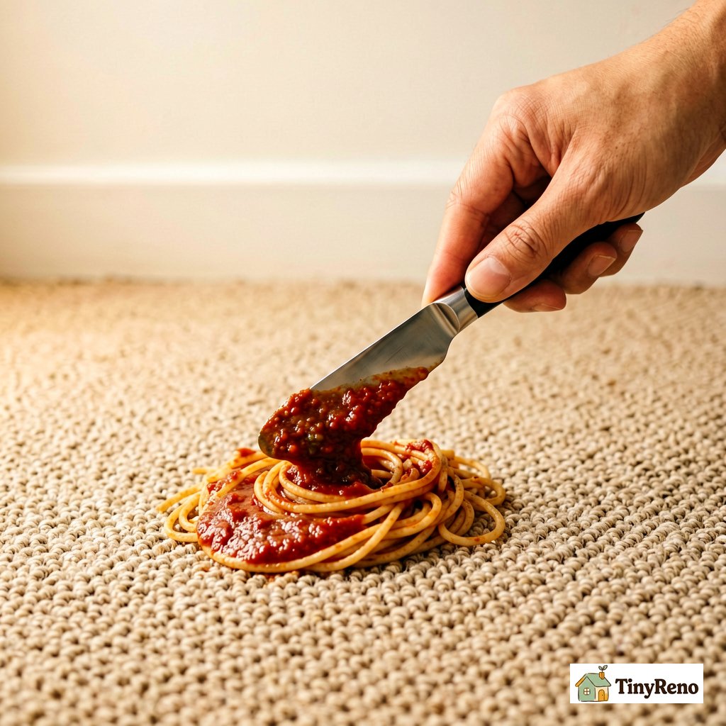 Step 1 of stain removal: lift the excess sauce with a flat-edged tool, never rub