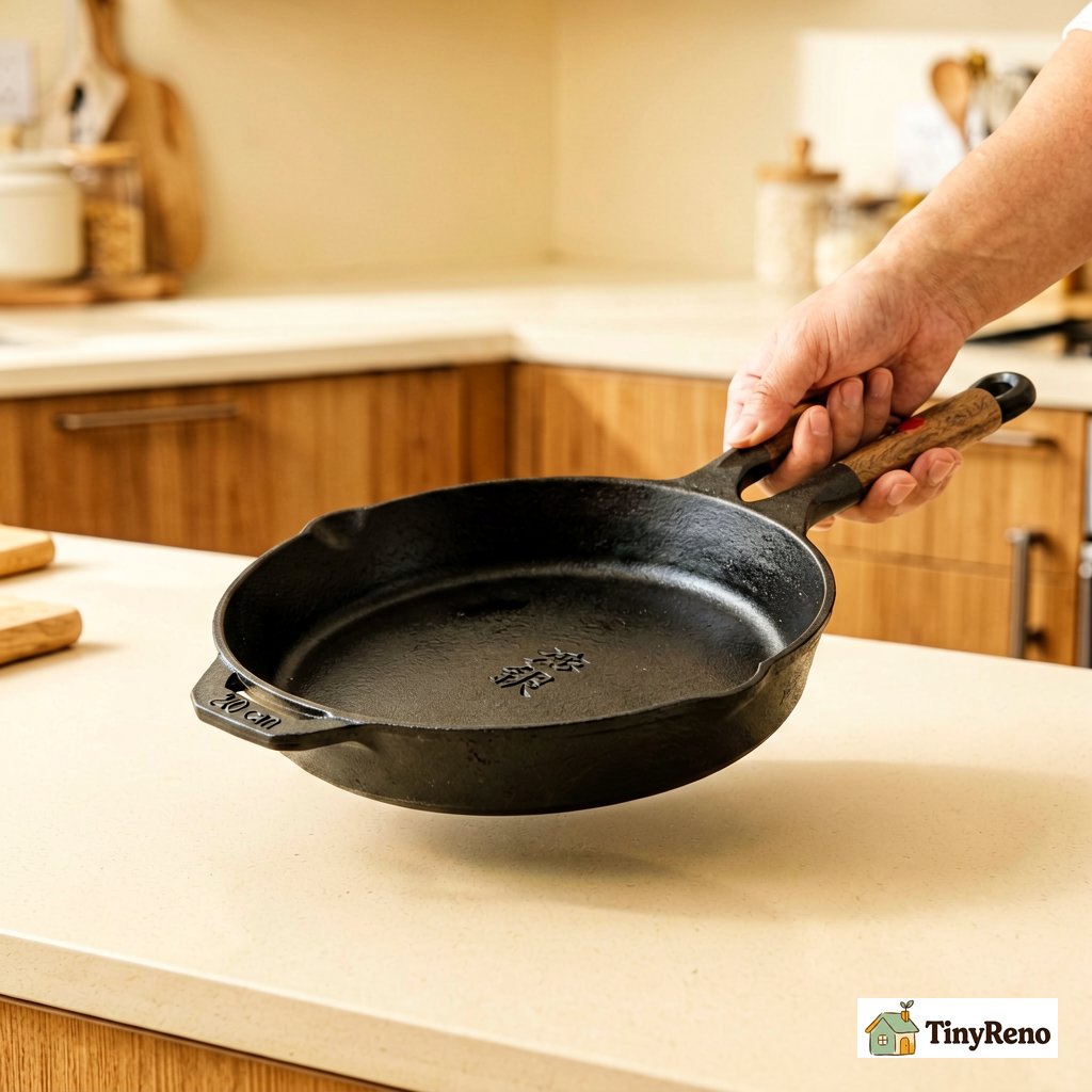 Hand lifting a 20 cm cast iron pan with one hand to demonstrate the four pound weight compared to a heavier 12 inch pan