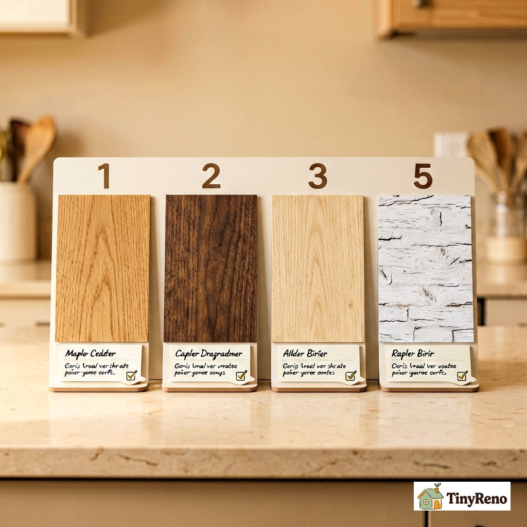 Diagram-style close-up of four labeled wood cabinet door samples with short note cards explaining which renter-safe upgrade works for each grain type