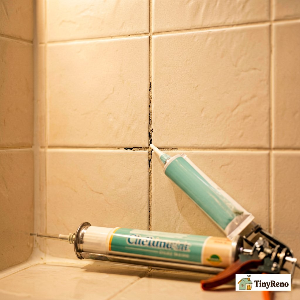Macro detail of hairline grout cracks running vertically down a small shower wall, with a tube of color-matched caulk and a caulk gun visible in the foreground