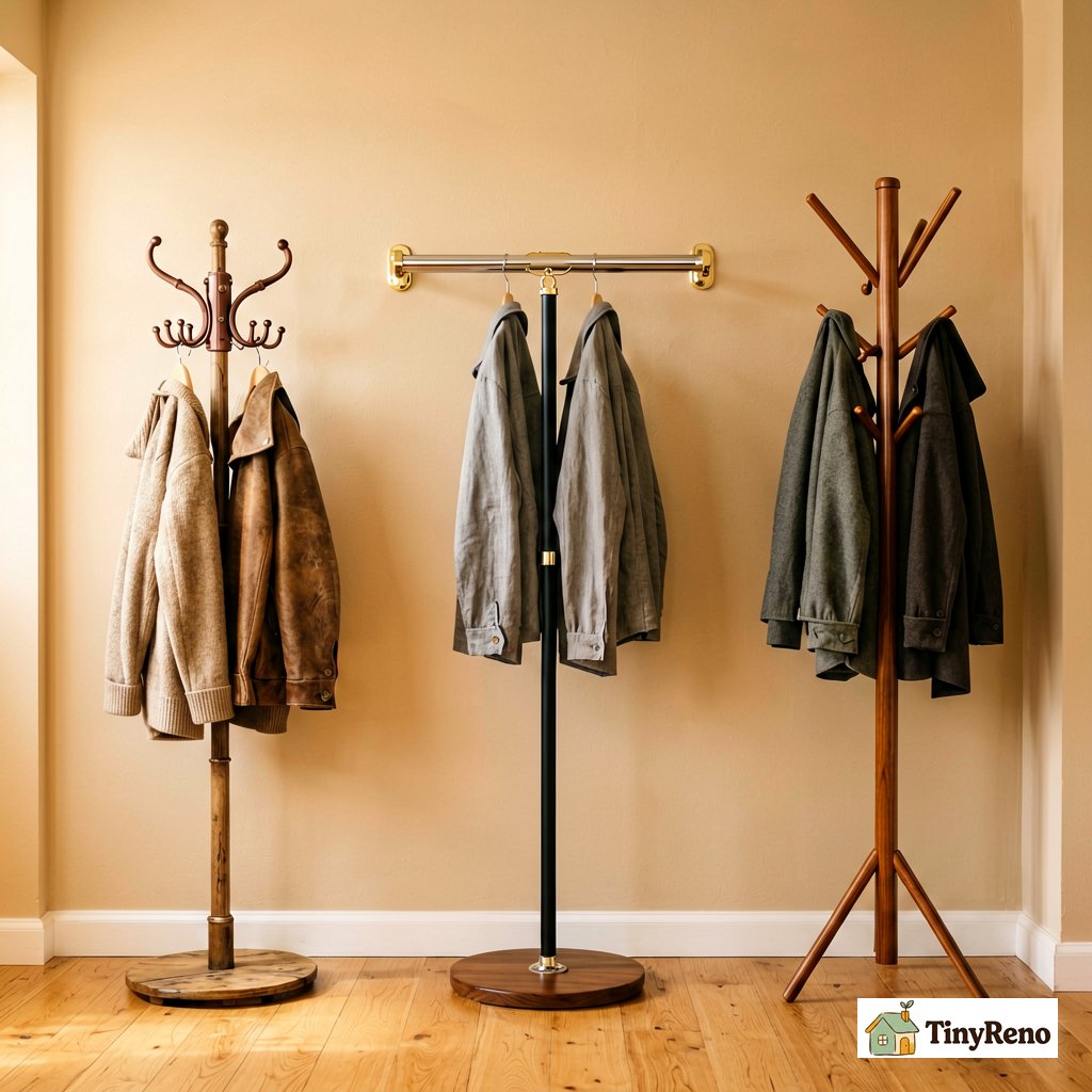 Macro close-up of three different renter-safe hanger types — an over-the-door hook rack, a tension closet rod, and a freestanding coat tree — set side by side on a hallway floor
