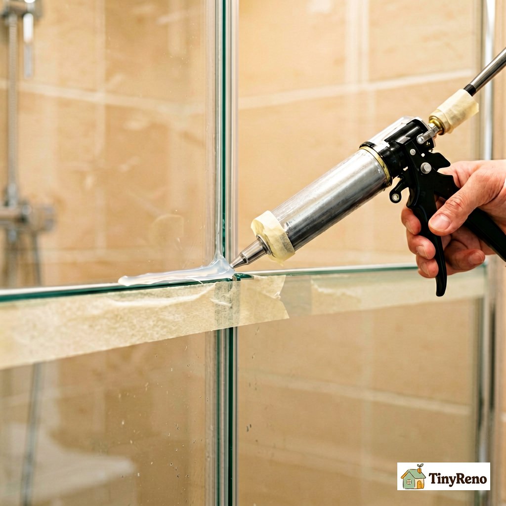 Apply caulk like a contractor: a close-up of a caulk gun laying a silicone bead between painter's tape edges, marking the clean-line trick.