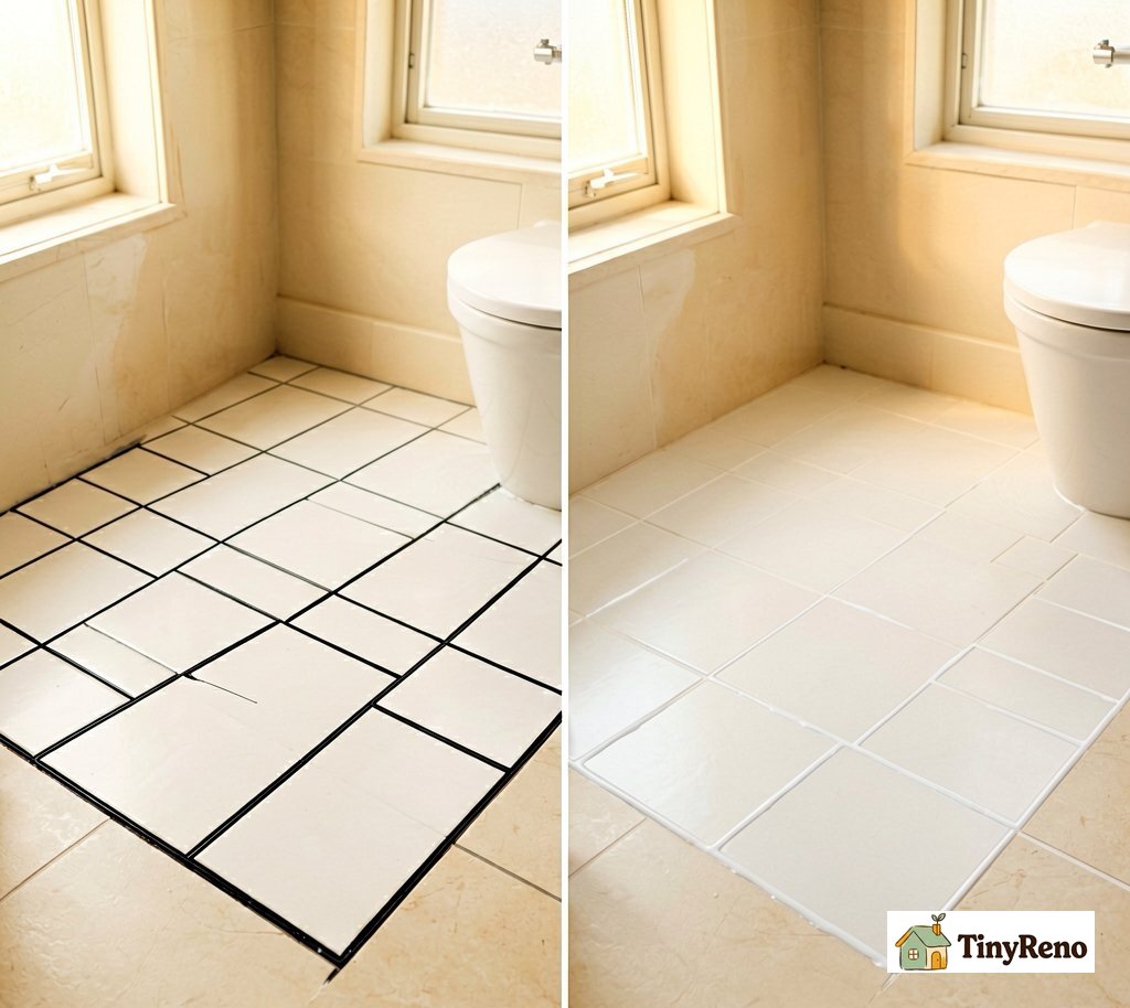 Side-by-side bathroom floor comparison: black grout with white tile on the left versus white grout with white tile on the right