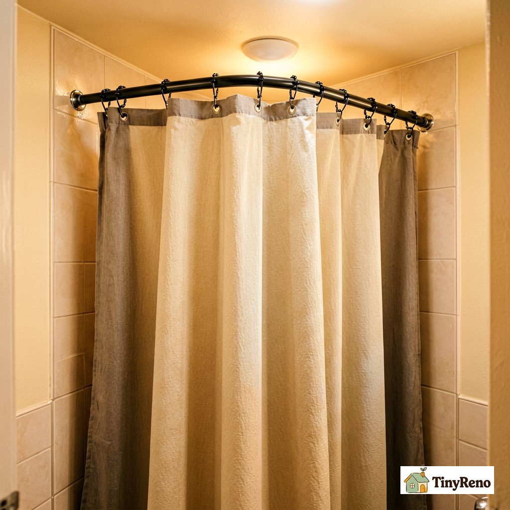 Overhead angle of a ceiling-mounted curtain track curving from one wall to the perpendicular wall in a small rental bathroom, holding a closed shower curtain that encloses the wet zone