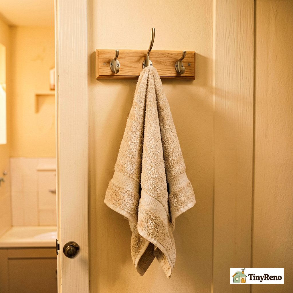 Wide angled shot of a small over-the-door hanger rack mounted on a bathroom door with a damp folded towel draped over one hook, illustrating the humidity problem renters face