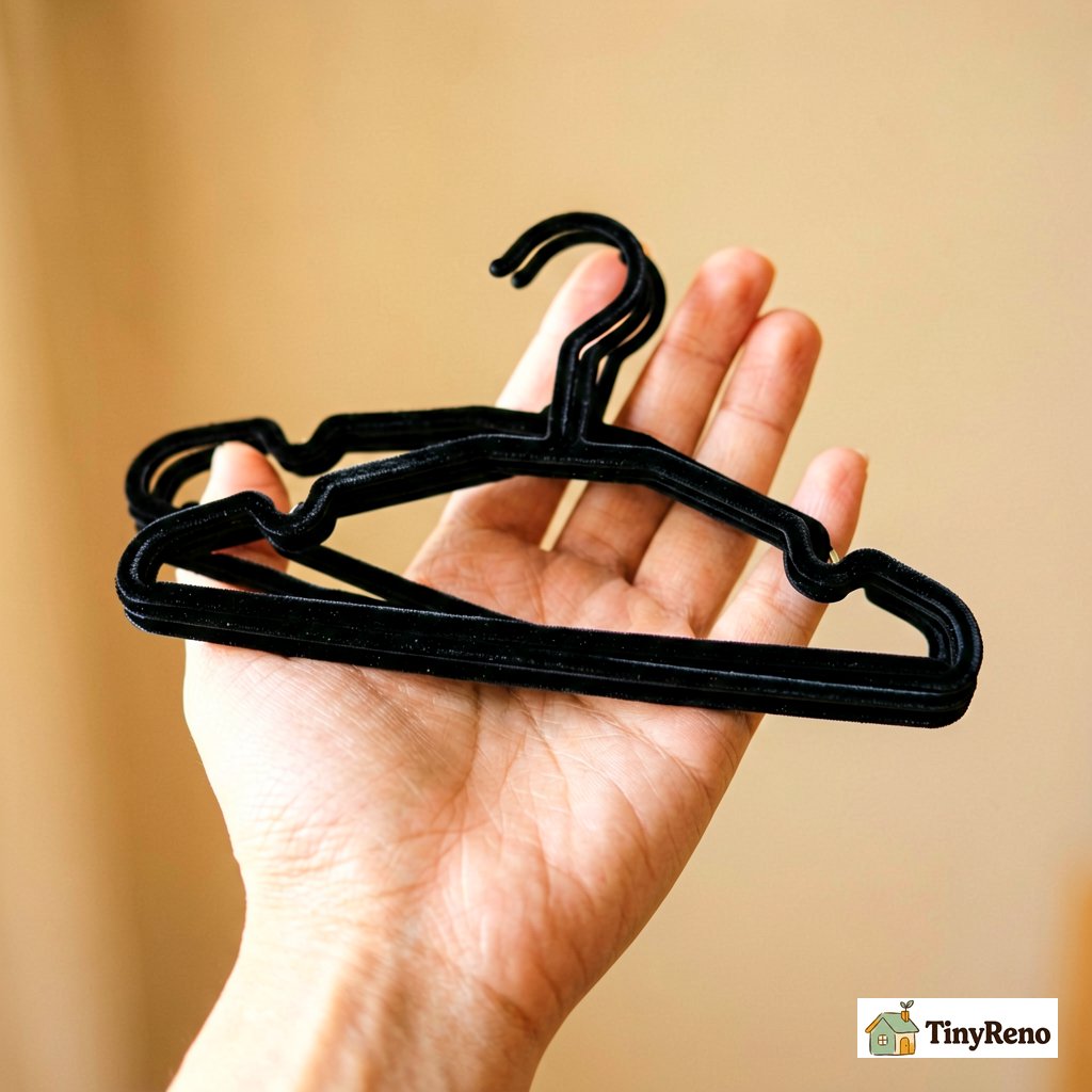 Velvet hangers stacked flat in a hand