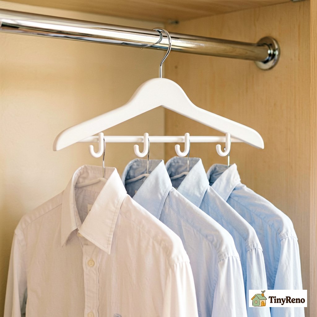 Space-saving tiered hanger holding 5 shirts