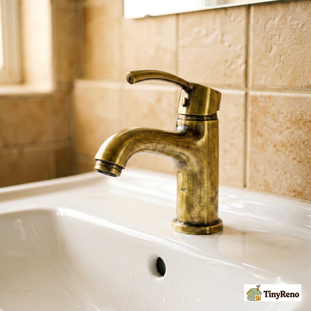 Brass vintage faucet on white porcelain sink