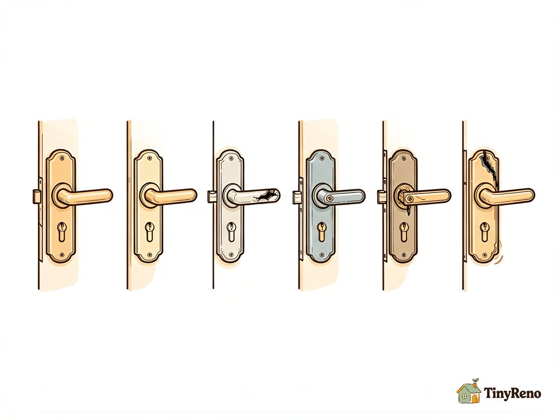 Six diagnostic illustrations of common door handle failure modes for determining when a door handle repair kit is needed.