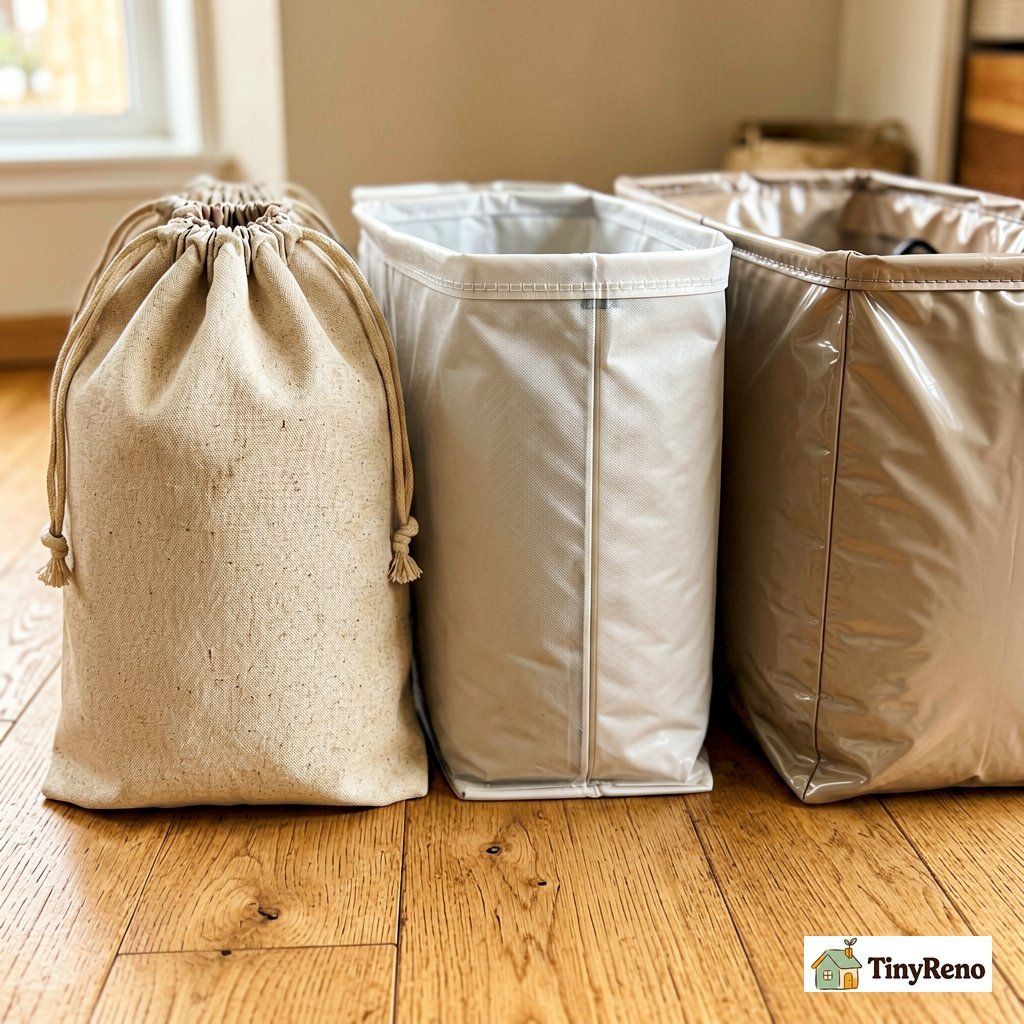 Three quilt storage bags lined up on a wood floor
