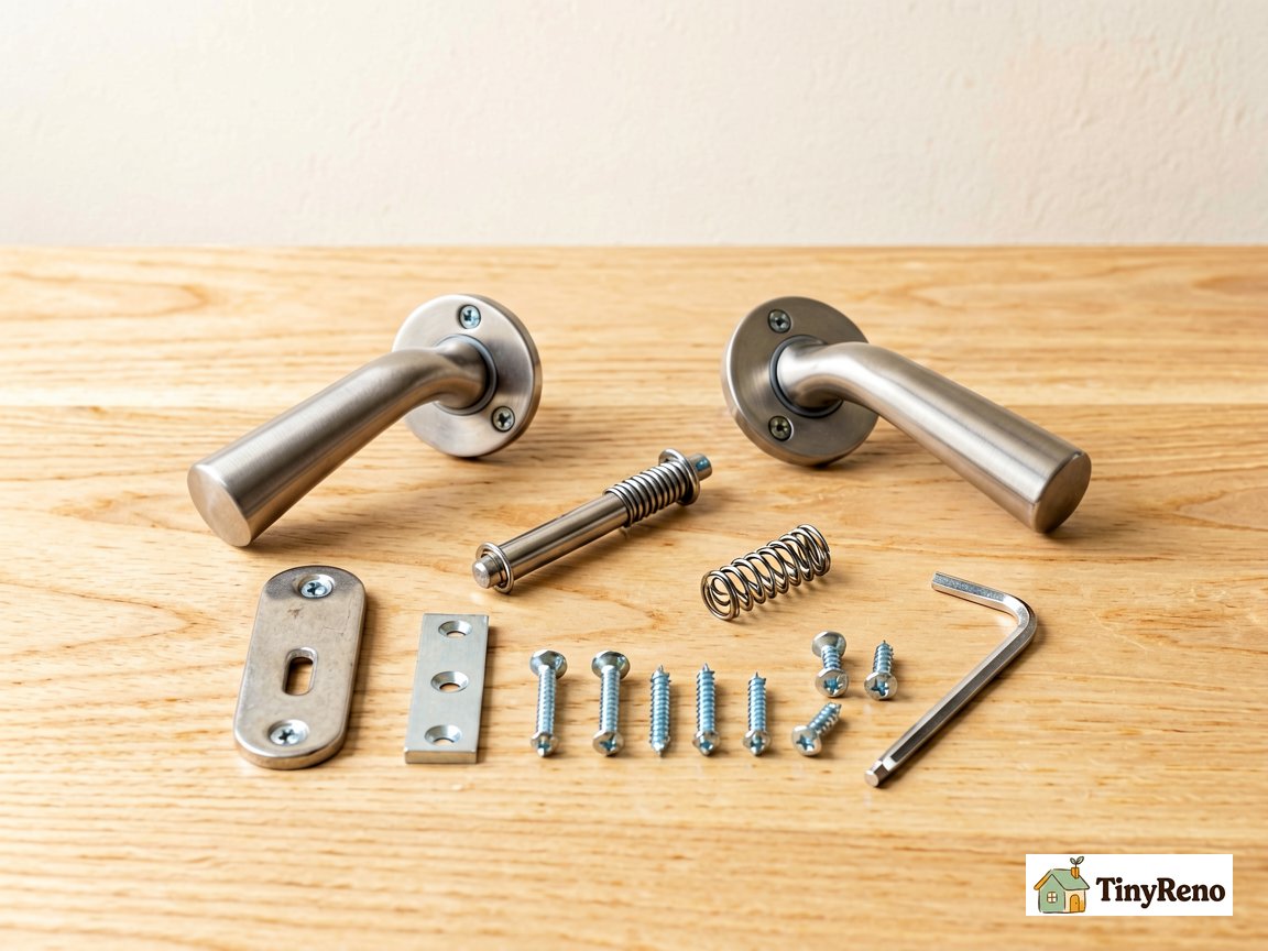 Universal door handle repair kit components laid out: two handles, spindle, springs, faceplates, screws, and Allan key.