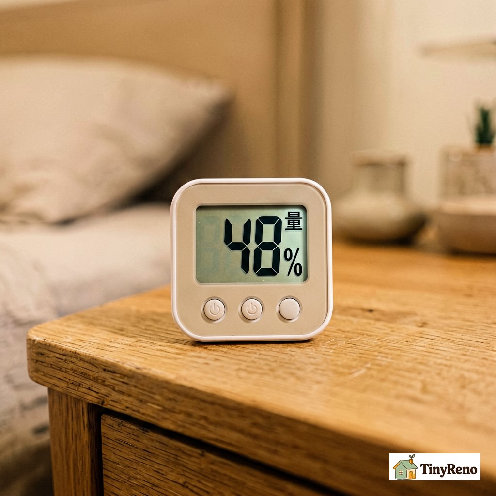 A $12 humidity meter on a wooden nightstand