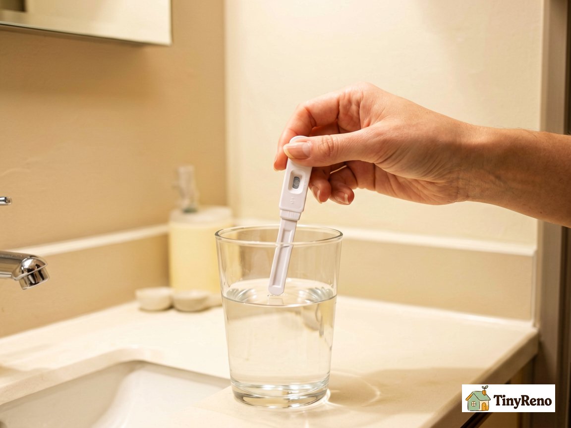 Identify your hard water level at the start: a hand dipping a test strip into a glass of water to read the gpg color chart