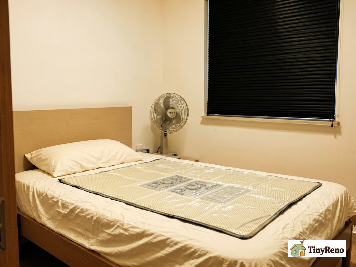 Identify the combination that survived a 10-day no-AC stretch: PCM mat plus box fan plus blackout curtains