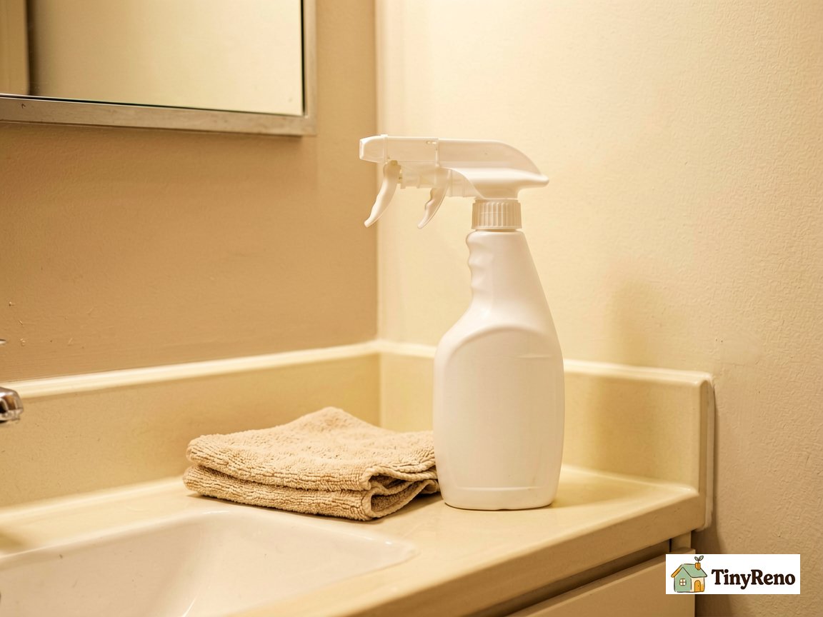 Compare two Tier 1 hard water fix tools side by side: vinegar spray bottle and microfiber cloth on a neutral bathroom shelf