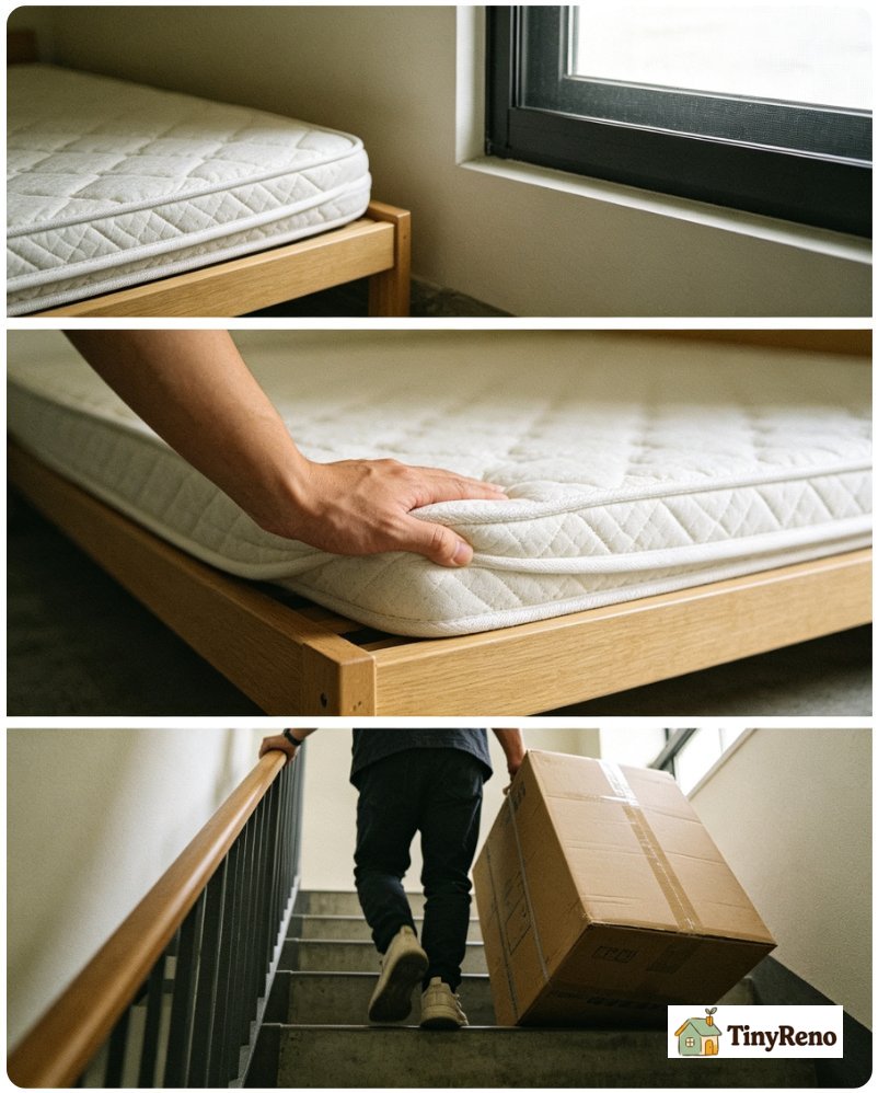 Side‑by‑side visual comparison showing mattress box weight for stair carry, off‑gassing window ventilation setup, sitting test for mattress edge support.