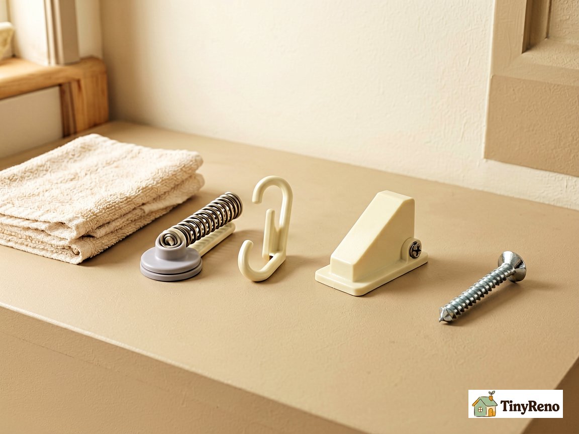 Compare six renter door-stop options laid out for selection: towel, spring stop, hook, wedge, hinge shim, screw adjustment