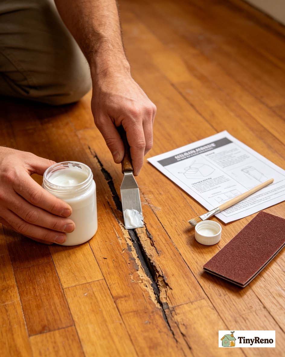 Comparison showing wax fill that has darkened with shrinkage versus a matching pencil fill that blends invisibly into the wood grain on a hardwood floor.