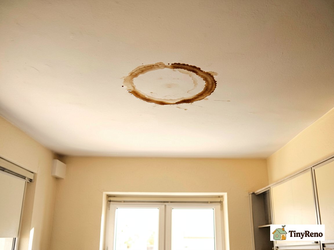 Caucasian renter brushing Zinsser BIN shellac primer over stable brown ceiling water stain; ceiling painted after primer application, stain completely hidden.