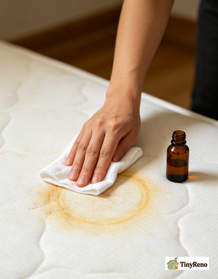 Blotting mattress stain with white cotton cloth after 20‑minute hydrogen peroxide application, faint yellow oxidation halo remains on fabric.