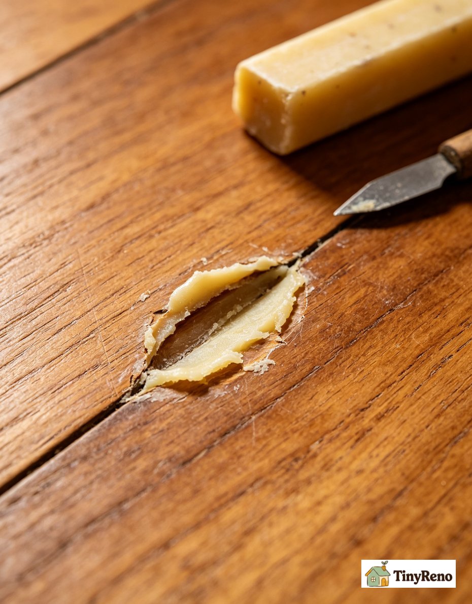 Close‑up cross‑section view, wax filler shrinks after curing, sun fading creates darker defect spot inside original floor scratch showing kit downside.
