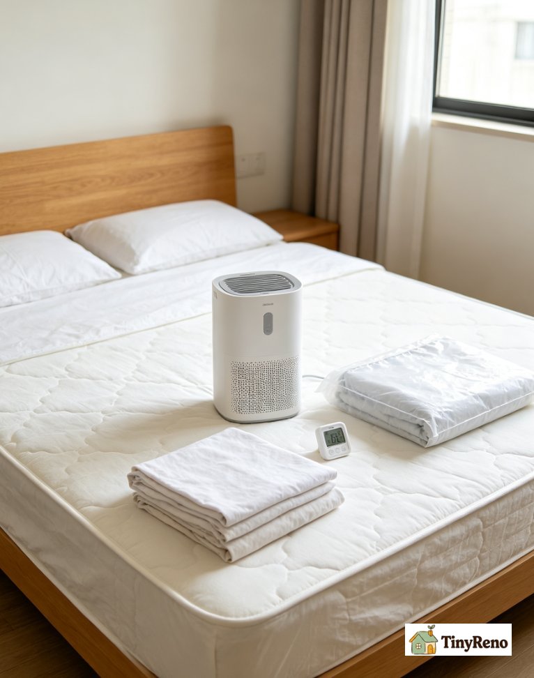 Bedroom showing full mitigation setup: dehumidifier, mattress encasement cover, hot‑water washed bedding stacked, digital humidity meter, showing three‑part combined solution.