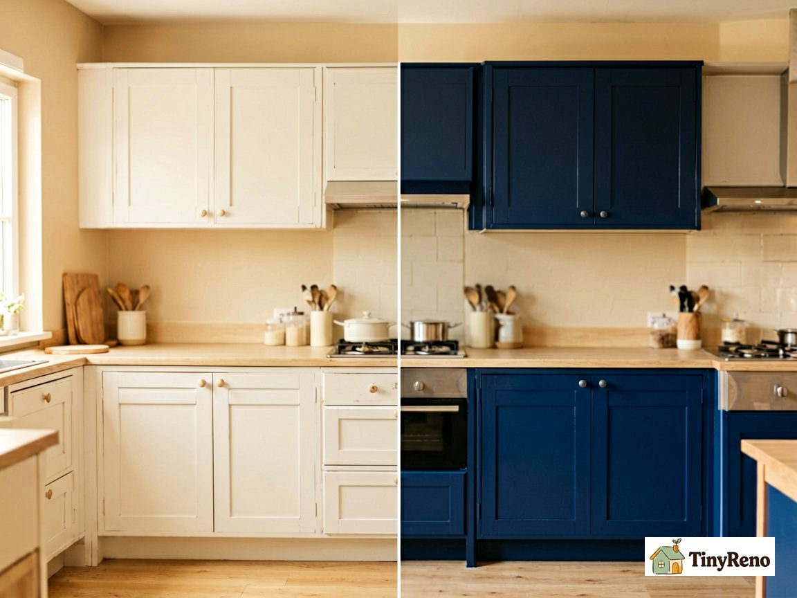 Compare latex vs oil enamel cabinet finishes side by side: navy blue oil enamel cabinet next to white latex cabinet showing durability differences