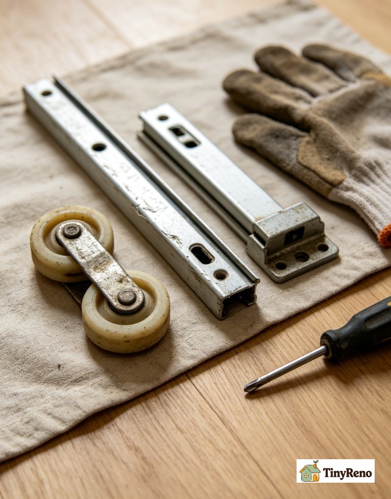Close‑up view of sliding closet door components: flattened worn nylon roller wheel, dented upper metal track, intact seldom‑replaced floor‑mount bottom guide.