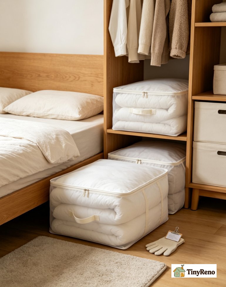 Finished storage scene: breathable storage bags placed under bed and on closet shelf, avoiding basement / attic locations, quarterly quick‑inspection visual cue.