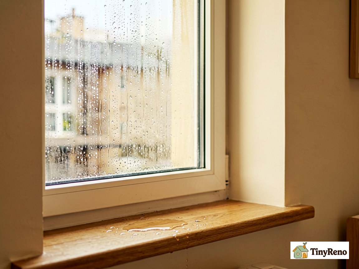 Brown discoloration under old single-pane aluminum window; dehumidifier running in bedroom to reduce indoor humidity and stop condensation.